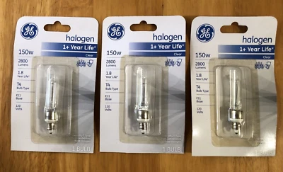 3 New GE 150W T4 Bulb w/ E11 Base Clear 2800 Lumens 120V  Mini Candelabra - Image 1 of 4