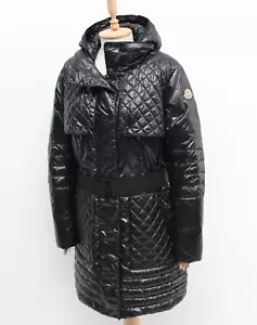 Women's Vintage MONCLER Carson Quilted Long Down Puffer Jacket Coat Black 5 ~L - Picture 1 of 17