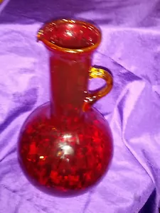 BLENKO RED / ORANGE ART G. HAND BLOWN PITCHER W/ APPLIED HANDLE( BUBBLE GLASS ). - Bild 1 von 8