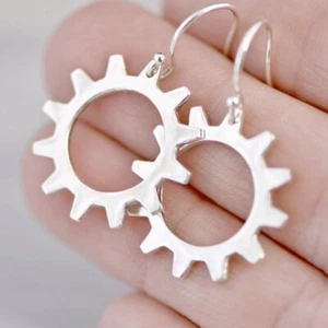 Sleek 925 Sterling Silver Gear Dangle Earrings Steampunk Industrial Jewelry mt21 - Picture 1 of 6
