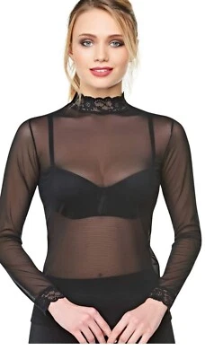 Women's Mesh Shirt Sheer Long Sleeve Lace Top Black Club Party Elegant New - Image 1 of 3
