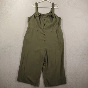 Womens Linen Romper Size 2X Overalls Wide Leg Button Front Olive Green Smocked - Picture 1 of 9