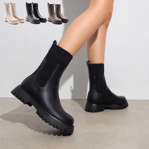 Women’s Slip-On Platform Boots Lug Sole with Sock-Style Upper Mid Calf Boots - Picture 1 of 23