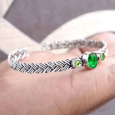 Brazalete brazalete de plata de ley 925 con piedras preciosas de corte de peridoto y diopsido para mujer Foto 1 de 4