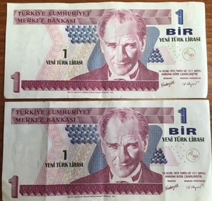 Türkei Banknote 1 Bir Angebot für 2 Scheine fast sequentiell Top Zustand - Bild 1 von 2