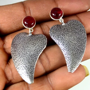 Red Ruby Round Cabochon 925 Silver Fashion Jewelry Gemstone Earring - Picture 1 of 7