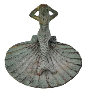 VTG Cast Iron Metal Mermaid With Shell Dish Figurine Decor Green Patina 2Pc Set - Picture 1 of 15