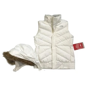 THE NORTH FACE GOOSE DOWN 600 PUFFER VEST SMALL S WOMENS WHITE HOODIE FAUX FUR - Picture 1 of 7