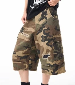 Herren Armee grün Camouflage zerrissen Shorts Cargotaschen gerades Bein Punk Hose - Bild 1 von 10
