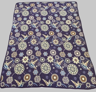 Reversible Bedspread Blanket Purple Beige Hummingbirds 92" x 76" Made in Mexico - Image 1 of 4