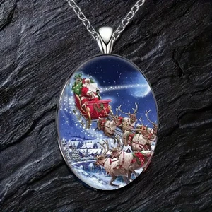 Christmas Santa Claus Delivering Gifts Oval Pendant Necklace - Picture 1 of 4