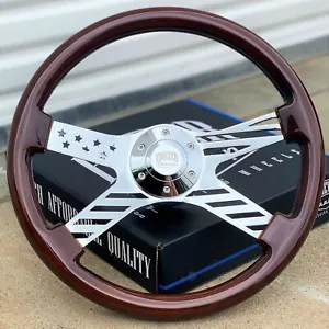 15" Chrome USA Flag Steering Wheel Dark Wood Grip, 6 Hole Chevy Ford GMC - Picture 1 of 2