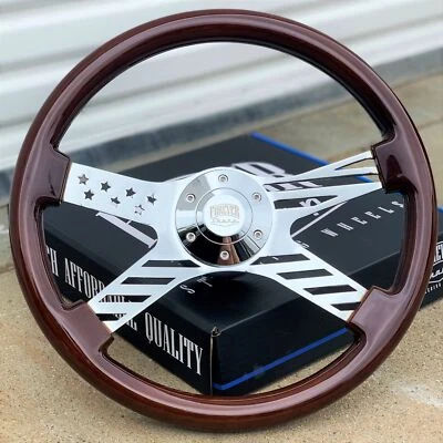 15" Chrome USA Flag Steering Wheel Dark Wood Grip, 6 Hole Chevy Ford GMC - Image 1 of 2
