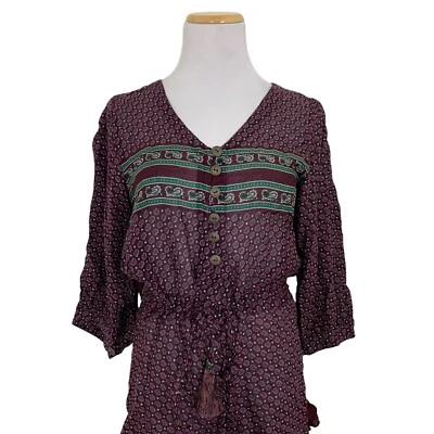 NWT Sky Paisley Boho Silk Blend Romper One Piece Womens XS Ruffle Hem Maroon - Image 1 of 4