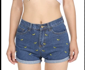 AKL Jeans Banana Embroidered Denim Shorts-Size 30/Large-Cuffed Hem-Mid Rise - Picture 1 of 8