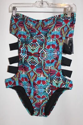 Maiô Mossimo preto multicolorido estampa geométrica US$ 39,99 tamanho G NOVO - Imagem 1 de 4