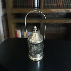 Antiguo vidrio transparente victoriano de ricino con tapa y soporte plateados - Imagen 1 de 24