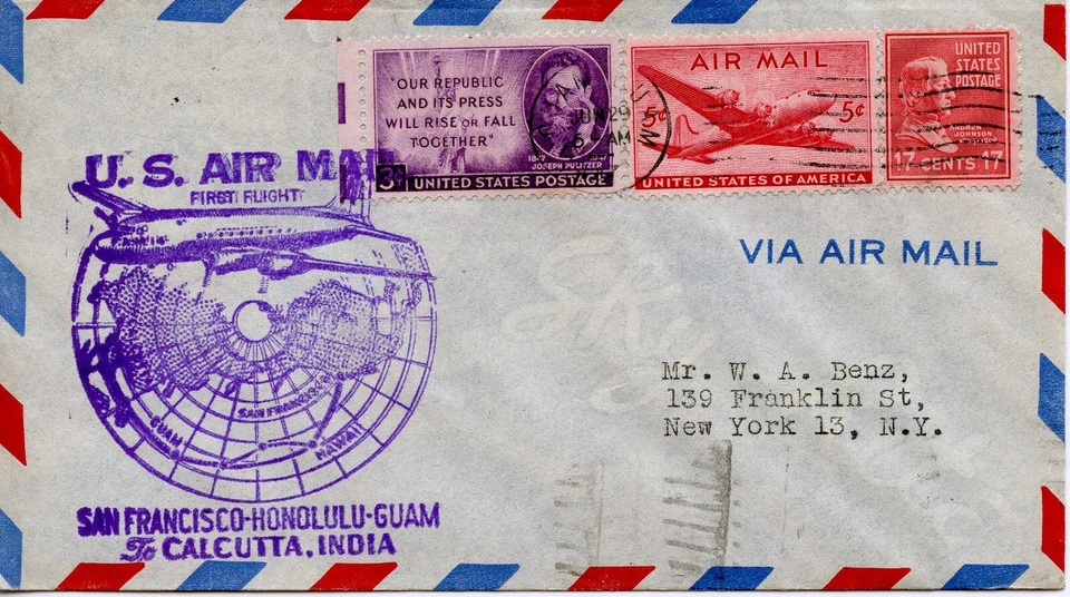 FIRST FLIGHT  GUAM-CALCUTTA-NEW YORK  1947 FDC1389 - Image 1 of 1