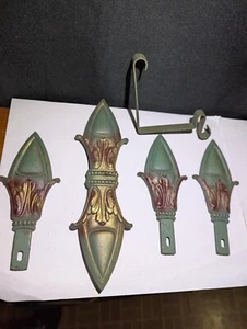 ANTIQUE JUDD CAST IRON DRAPERY CURTAIN TIE BACK SET GREEN TOP ORNAMENT BRACKET - Picture 1 of 13