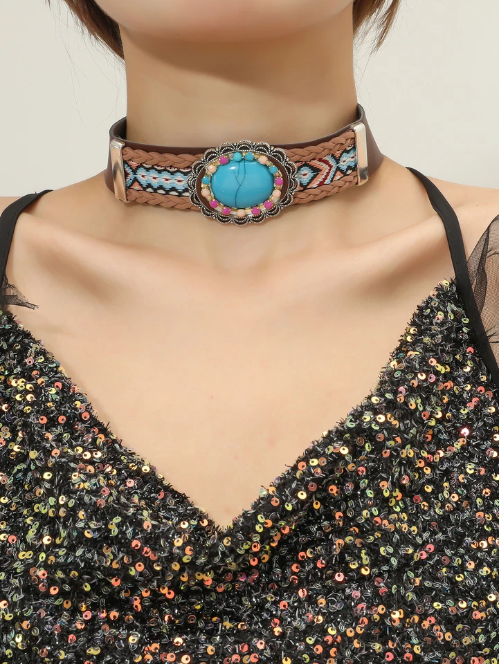 Collar boho gitano étnico grande turquesa indio declaración joyería ajustable Foto 1 de 4
