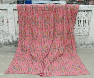 Indian Hand Block Kantha Queen King Quilt Cotton Pink Bedspread Blanket Throw - Picture 1 of 3