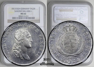 Germany, Saxony, Friedrich August I, Taler 1813 /2, Napoleon edge, NGC MS 62 - Image 1 of 4