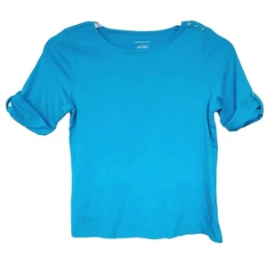 Blusa Christopher Banks para mujer talla L azul manga 3/4 lengüeta enrollable - Imagen 1 de 7