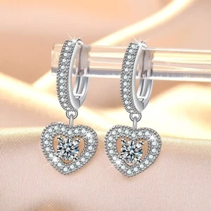 925 Sterling Silver Earrings Huggie Hoop with Dangle Drop AAA CZ Halo Heart - Picture 1 of 9