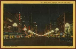 MAIN TEMPLE STREET AT NIGHT VINTAGE SALT LAKE CITY UT LINEN POSTCARD 011421 Q - Picture 1 of 2