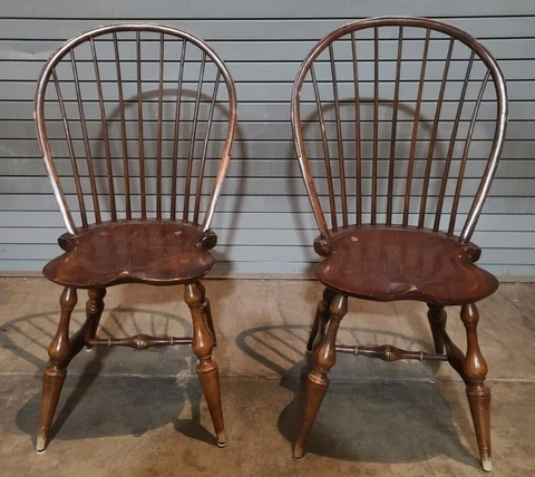 Pair of D.R. Dimes Bow Back Windsor Chairs Bench Made Cover