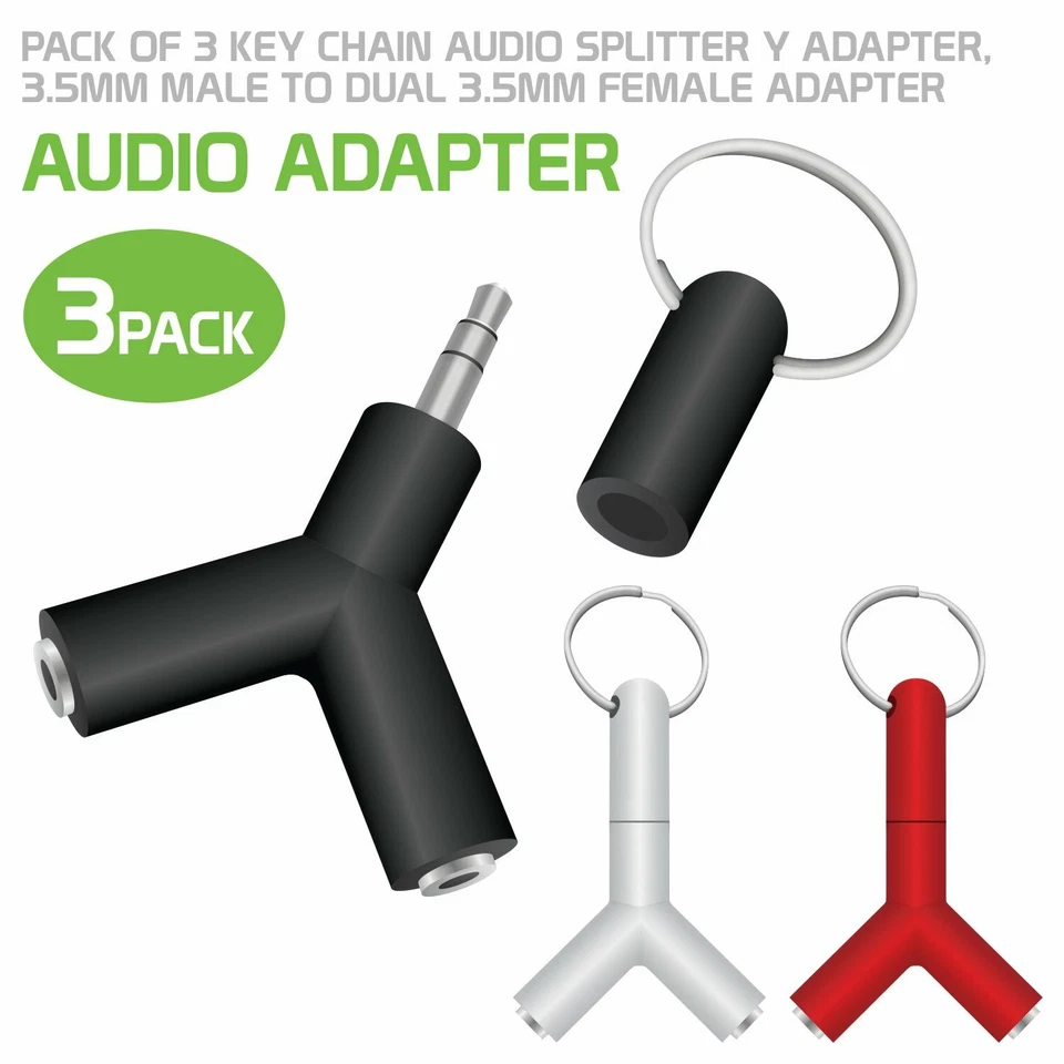 3 Key Chain Audio Splitter Y Adapter 3.5mm Male to Dual 3.5mm Female Adapter - Image 1 of 4