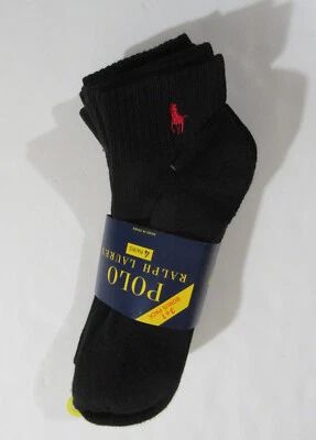 Polo Ralph Lauren Mens Quarter Crew Athletic Socks Black with Red Pony 4 pack - Image 1 of 3