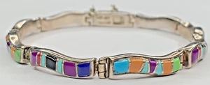 NF Sterling 925 Turquoise Lapis Coral Gaspeite Spiny Oyster Inlay Bracelet 16G - Picture 1 of 19