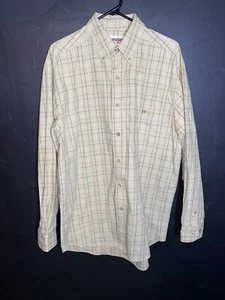 Wrangler Rugged Wear Men's Size Large Long Sleeve Shirt Flannel Beige Plaid - Picture 1 of 9
