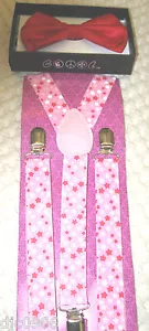 Valentine Solid Red Adjustable Bow Tie & Pink White Stars Suspenders Combo-New - Picture 1 of 3