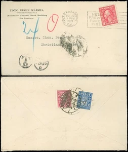 1919 SAN FRAN CDS, Auslandsdest nach NORWEGEN, kurz bezahlt, Portogebühren hinzugefügt, 30 CT - Bild 1 von 1