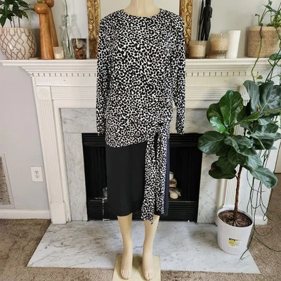 Vintage 80s Egon Von Furstenberg Black Midi Dress Polka Dot Color Block Size 10 - Image 1 of 4