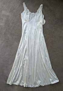 Vtg Nwt Miss Elaine Nightgown L Satin Beige Nylon Union USA Made Lace 50s 60s - Picture 1 of 13