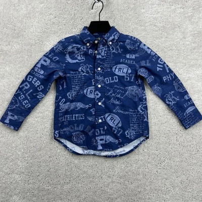 Ralph Lauren Shirt Boys 4 4T Blue All Over Print Long Sleeve Button Up Varsity - Image 1 of 4
