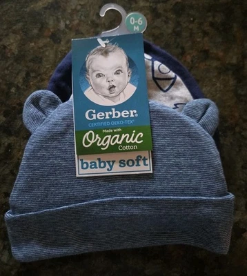 Paquete de 3 gorras de algodón orgánico Gerber para bebé niño azul marino cohete talla 0-6M Foto 1 de 4