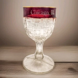 Antique EAPG Ruby Flash Goblet Souvenir CHICAGO ILL Basket Weave Rose Pressed - Picture 1 of 7