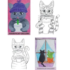 Cat Stickers 4 pcs, TERRIFICAT, Coffee Cats, VINYL, gift for cat lover, NEW, art - Picture 1 of 7