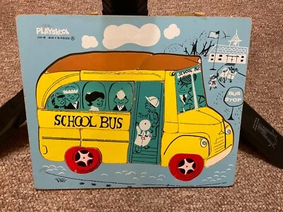 Rompecabezas de 15 piezas de juguete bandeja madera vintage Playskool amarillo autobús escolar 330-18 Foto 1 de 2