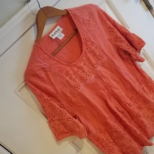 North Style Womens Eyelet Babydoll Top Large Short Sleeve Rayon Orange Y-1 - Picture 1 of 10