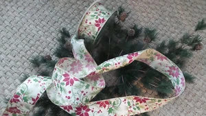 Ribbon wire edge Poinsettia and Holly and Pine design 2.5" Wide 5 Yds - Picture 1 of 4