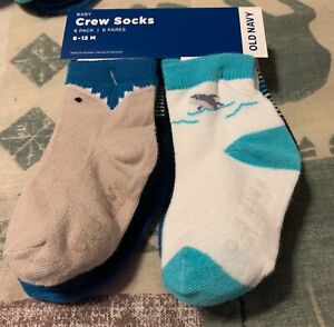 Old Navy Toddler Size 12-24 Months ~ 6-Pack Non Slip Crew Socks .. Sharks 