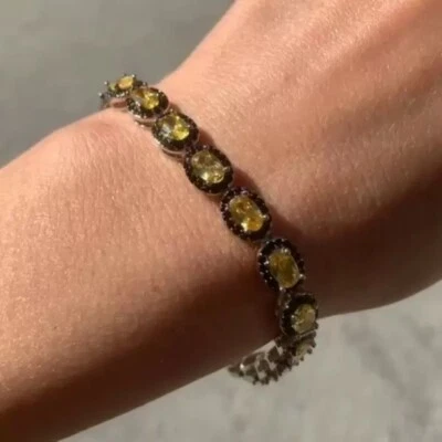 12ct 椭圆形黄色蓝宝石和黑色钻石 14k 镀白金网球手链 — 第 1/4 张图片