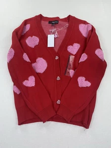 33 Degrees M Valentine's Day Red With Pink Hearts Cardigan Sweater NWT - Picture 1 of 8