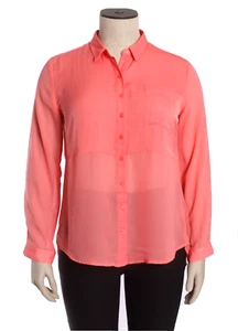 Apt. 9 Size L Salmon Pink Sheer Button Up Blouse, Split Back, Drop Tail, Pocket - Picture 1 of 12