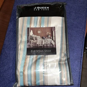 J Queen New York Euro Sham ~ ADRIANNA 26x26 Brown Teal Stripes ~ New NIP - Picture 1 of 6